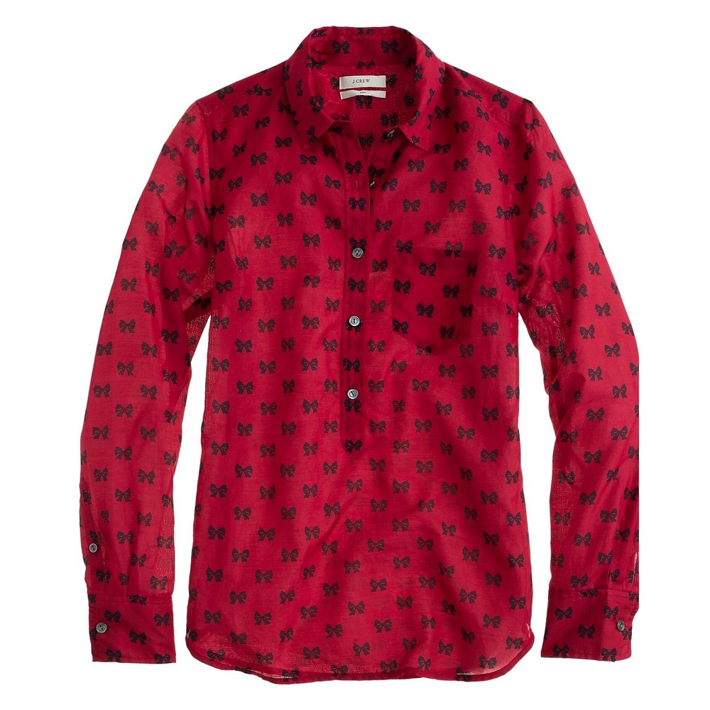 J.Crew Womens Red Black Bow Print Cotton Silk Blouse 09192 Size 4 Popover